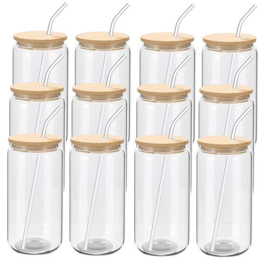 12 Pack Beer Glass Cups with Bamboo Lids and Glass Straws 16oz Beer Can Shaped Drinking Glasses Cups, Glass Tumbler Reusable Cute Cups for Whiskey, Iced Coffee, Tea, Soda, Cocktail, Gift, Clear