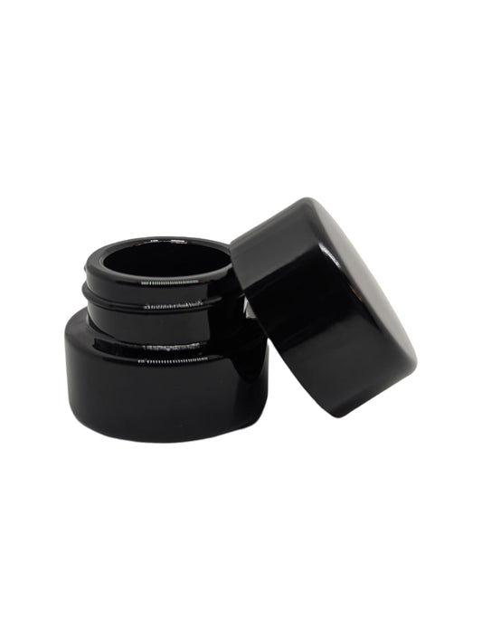 (100 Pack) 5ml Bakelite HD Black Glass Shoulderless Screw Top Jars w/Black Child Resistant Lid | UV Resistant | Containers for Essential Oils, Concentrates, Lip Balm, Wax, Makeup or Cosmetics