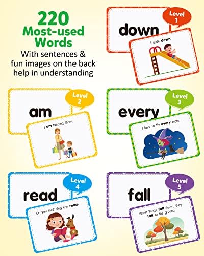 Coogam Sight Words Educational Flashcards - 220 Dolch Sightwords Game with Pictures & Sentences,Literacy Learning Reading Cards Toy for Kindergarten,Home School Kids