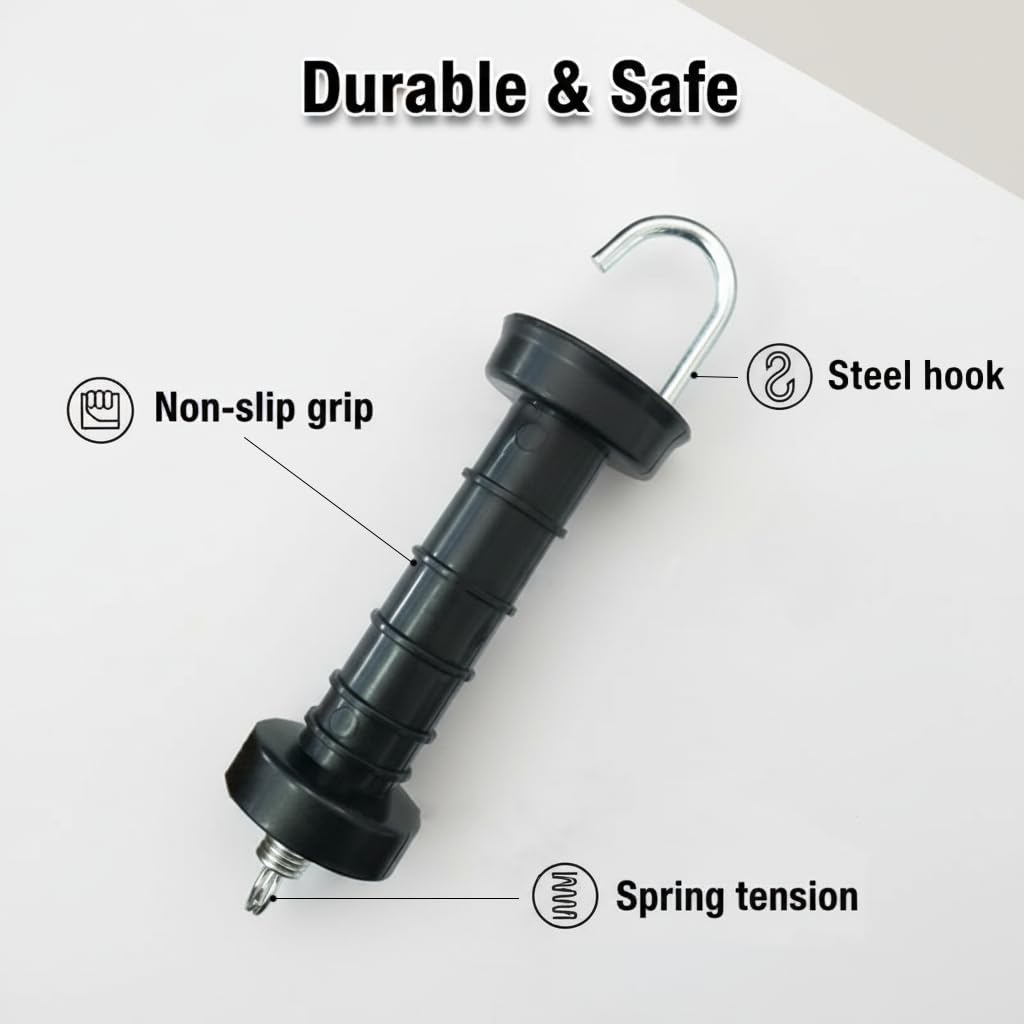 Electric Fence Gate Handle with Spring - 10 Pack Extra Large Plastic Handle & Iron Metal Spring Latches for Outdoor Wooden Fence, Garden Yard Gate Repair DIY Hardware