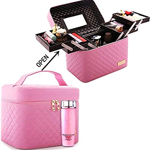 M-Aimee Multifunction Travel Cosmetic Bag with Mirror Portable Train Makeup Case 4 Foldable Makeup Tray for Cosmetics Makeup Brushes Toiletry Jewelry Digital accessories (Pink)