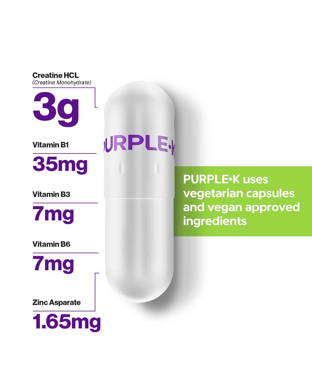 PURPLE-K King of Creatine Capsules for Muscle Growth, Enhance Strength & Performance, Up to 60% Better Creatine Absorption, No Bloating, No Loading and No Subdermal Water Retention with the Inclusion of the Energy Immunity Complex- 150 Veggie Pills