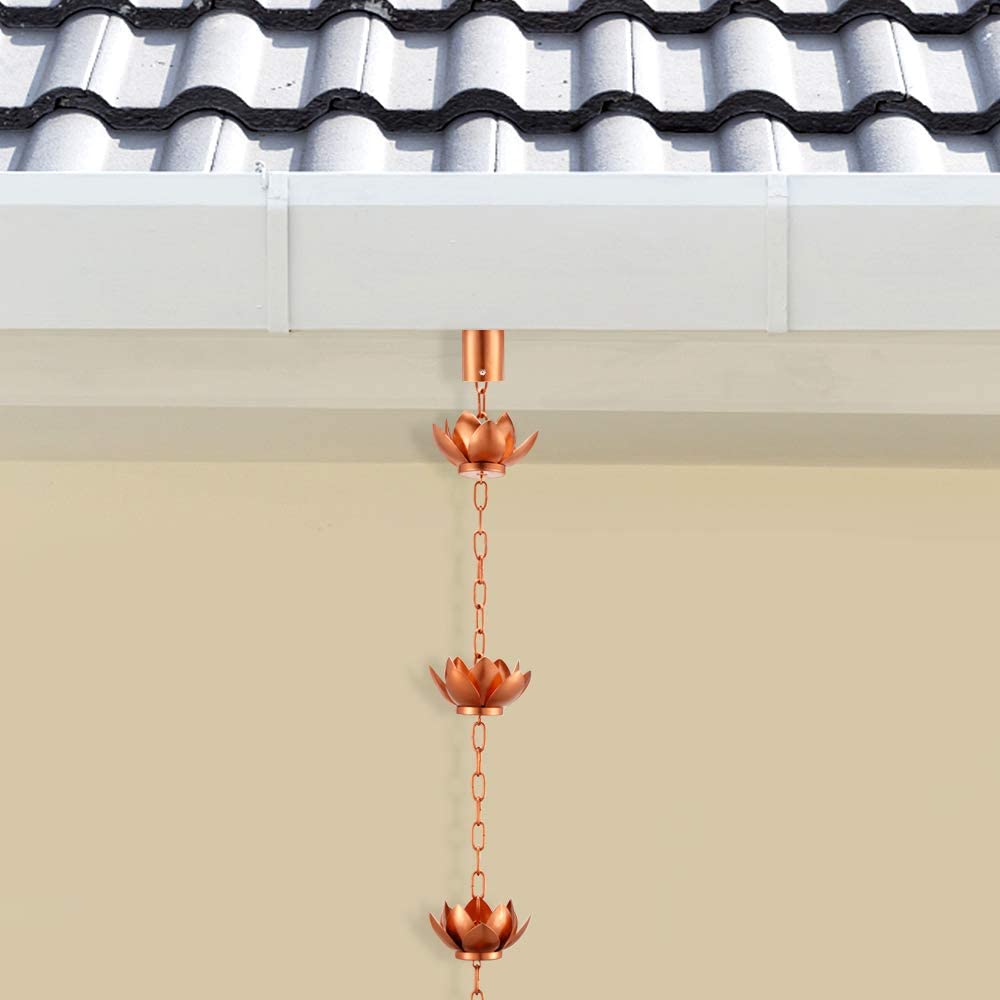 Oak Leaf Rain Chain with Adapter, 8.5ft Adjustable Lotus Rain Catcher Chain for Gutters Outside Downspout, for Divert Water and Home Display, Copper Powder Coated