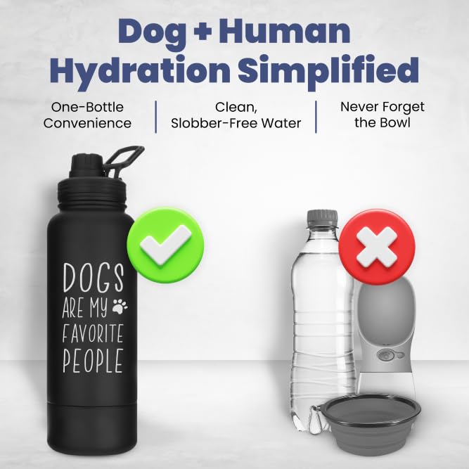 Dog Water Bottle for Dog Lovers - 32 oz Stainless Steel Double Wall Insulated Water Bottle with 8 oz Detachable Bowl on Bottom- Ideal for Doggy Lovers - “Favorite People” Black