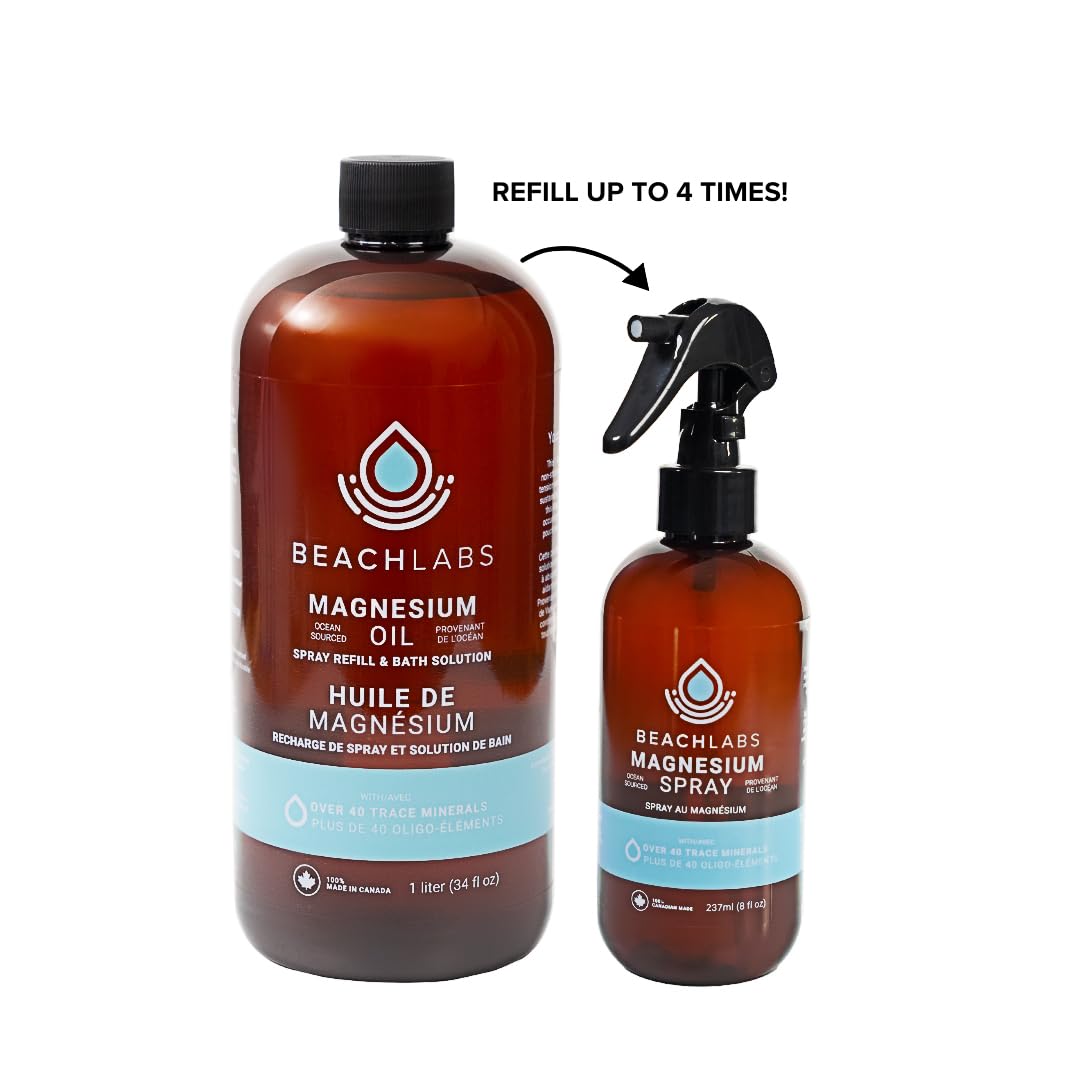 Beach Labs Magnesium Oil 1L Refill Bottle & Bath/Foot Soak. 100% Made in Canada. Ocean Sourced Magnesium oil for Feet and Body. Pure Concentrated Seawater With Synergistic Trace Minerals for Wellness. Refill 1L