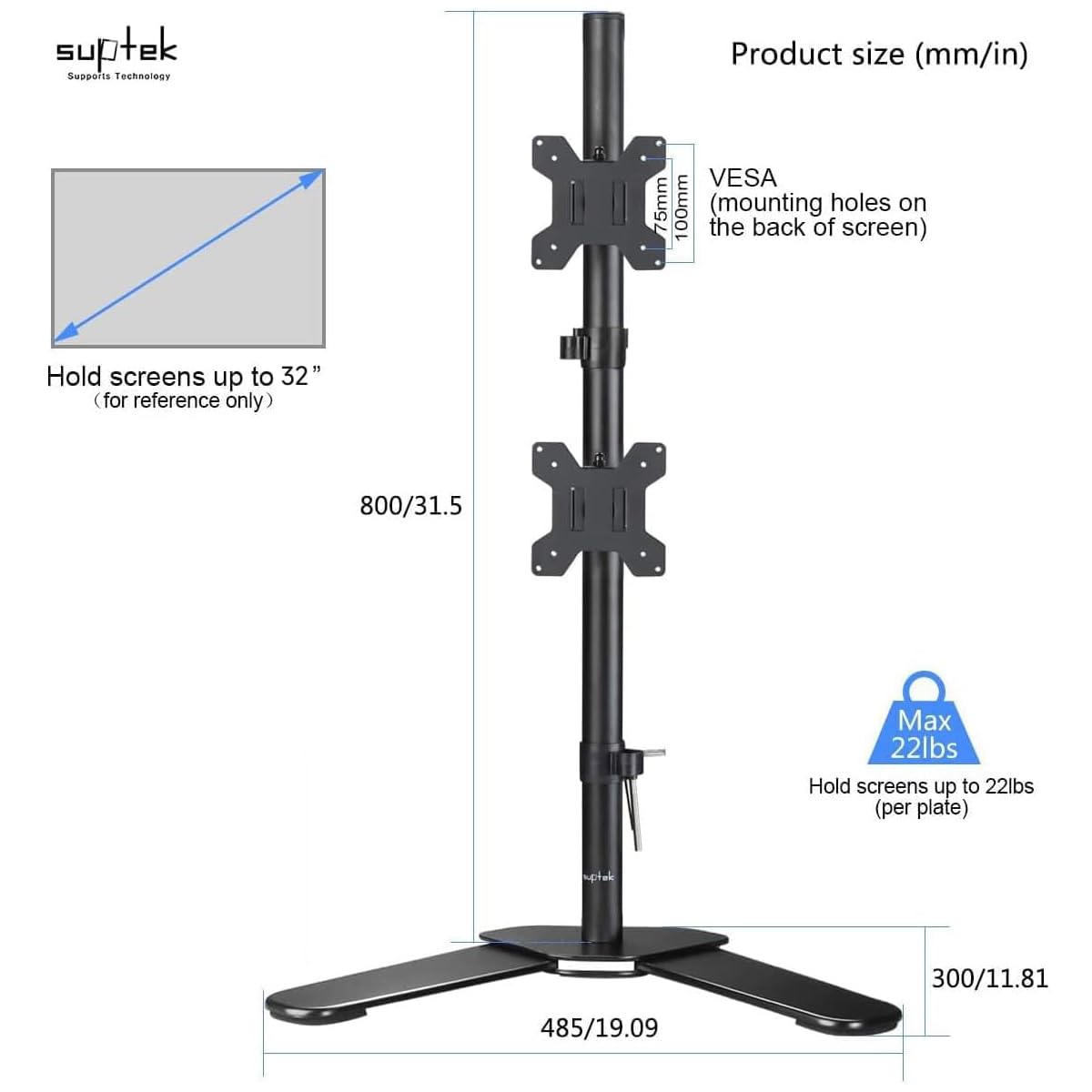 Suptek Dual LED LCD Monitor Stand up Free-Standing Desk Mount for 2 / Two Screens up to 27 inch Extra Tall 31.5 inch Pole Heavy Duty Fully Adjustable Stand Vertical Array (ML6802)