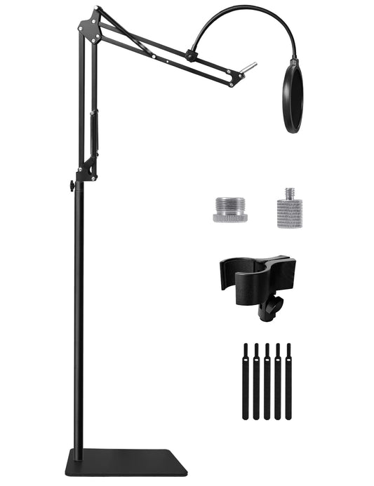 Mic Stand Floor Boom Arm for Blue Yeti, Nano, SM7B, Elgato Wave, Fifine K669B K688, AT2020 and More Mic, Adjustable Microphone Stand with 3/8" to 5/8" 1/4" Screw, Pop Filter Mic Clip Cable Ties