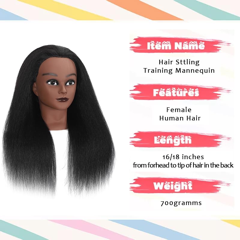 100% Real Hair Mannequin Head Training Head Manikin Cosmetology Doll Head for Hairdresser Practice Braiding Hair Styling with Clamp stand (14 inch, black)