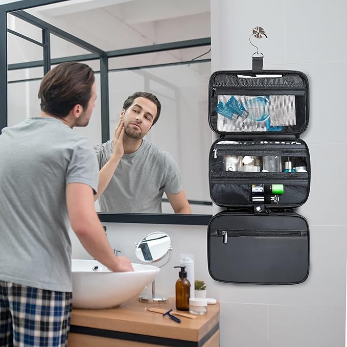 BAGSPRITE Large Hanging Toiletry Bag for Men and Women - Water-Resistant Travel Toiletry Bag - Makeup Cosmetic Bag Travel Organizer for Accessories, Shampoo, Full-size Container, 2IN1 Black