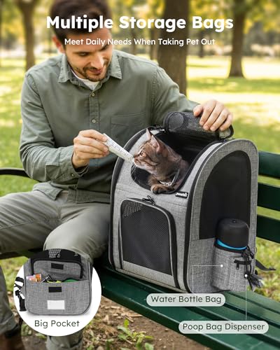 Pecute Cat Backpack with Breathable Mesh, Dog Backpack Carrier with Multi-Pockets for Cats Puppies, Pet Backpack Carrier for Travel Hiking Camping Outdoor （Gray）