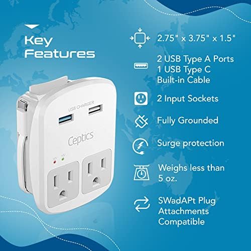 Ceptics Universal Travel Adapter kit, Dual USB (QC 3.0) + 2 US outlets + USB-C Cable, Use with Chargers, Cell Phones, Laptops, 6 Plug attachments for Worldwide use (Does Not Convert Voltage) (WPS-2B)