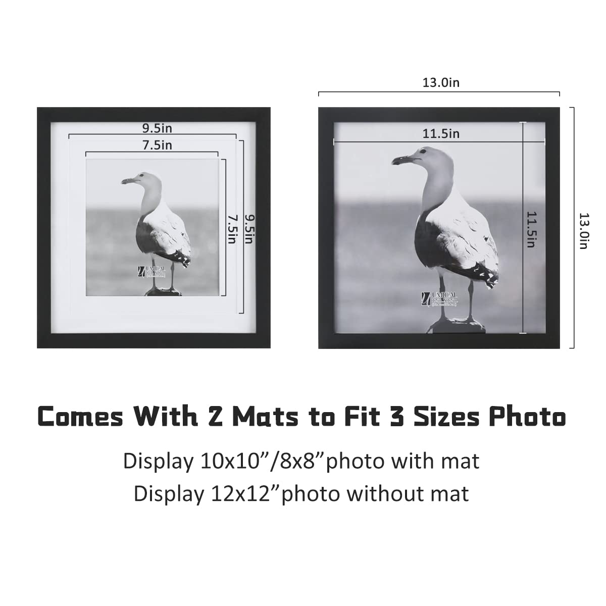 UMICAL 12x12 Picture Frames Set of 2 Display 10x10 or 8x8 Pictures with Mat or 12x12 Pictures without Mat Square Wood Black Photo Frames with HD Plexiglass for Tabletop Stand and Wall Mounting