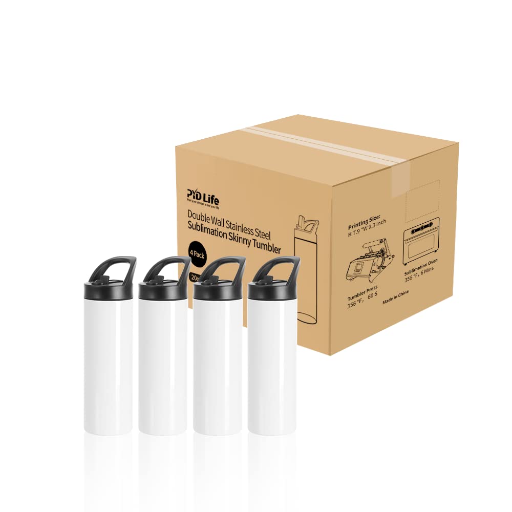 PYD Life 4 Pack Sublimation Tumblers Blanks Cups White 20 OZ Skinny Straight Sports Water Bottles Mugs with Portable Sippy Up Lid with Straw,for Tumbler Heat Press