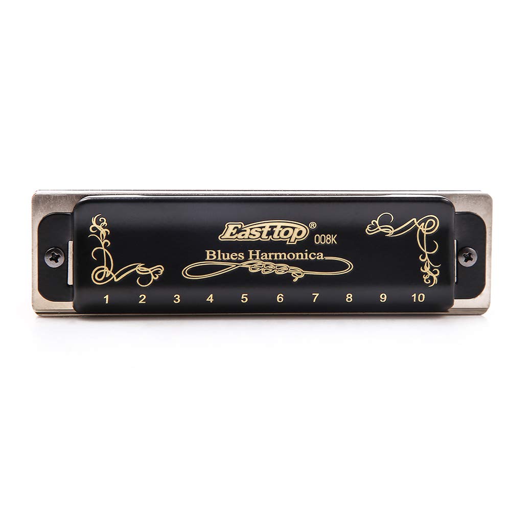 Diatonic Blues Harmonica 10 Holes Blues Harmonica 20 tones black T008K with Case，More Professional Harmonica for Beginner ，Students，Adults and Professional Player（key of C）
