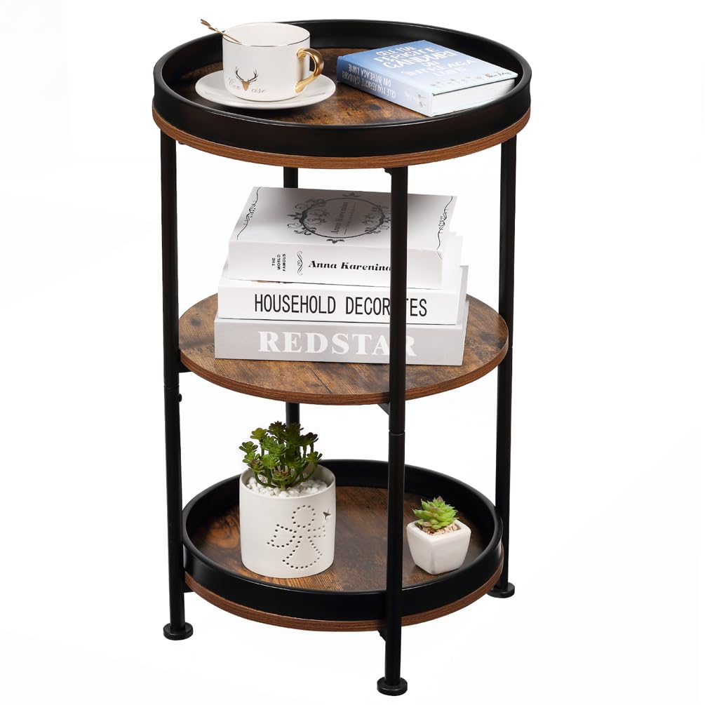 Dulcii Industrial Round End Table, 3 Tiers Round Side Table with Sturdy Metal Frame, Metal Round Sofa Table, Vintage Nightstand for Living Room Bedroom, Easy Assembly