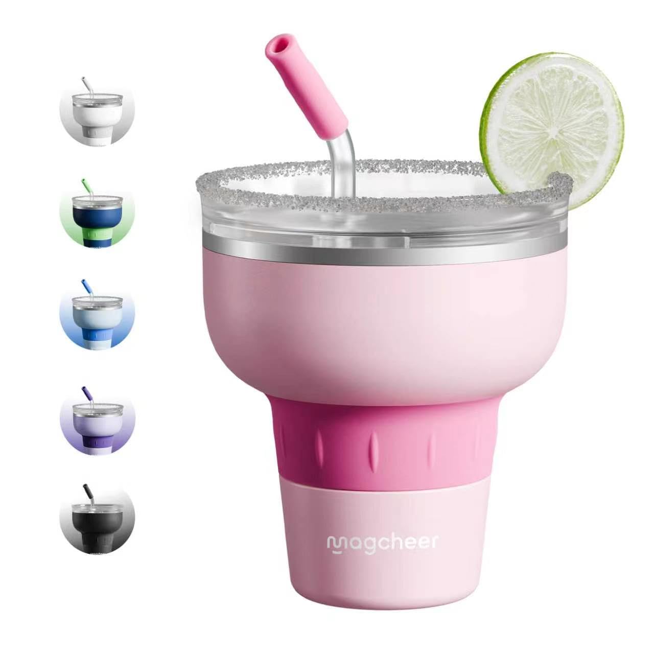 Magcheer 16 oz Cocktail Tumbler with Lid and Straw - Stainless Steel Insulated Margarita Tumbler - 320° Sippable Stemless Wine Cup for Party | Pink