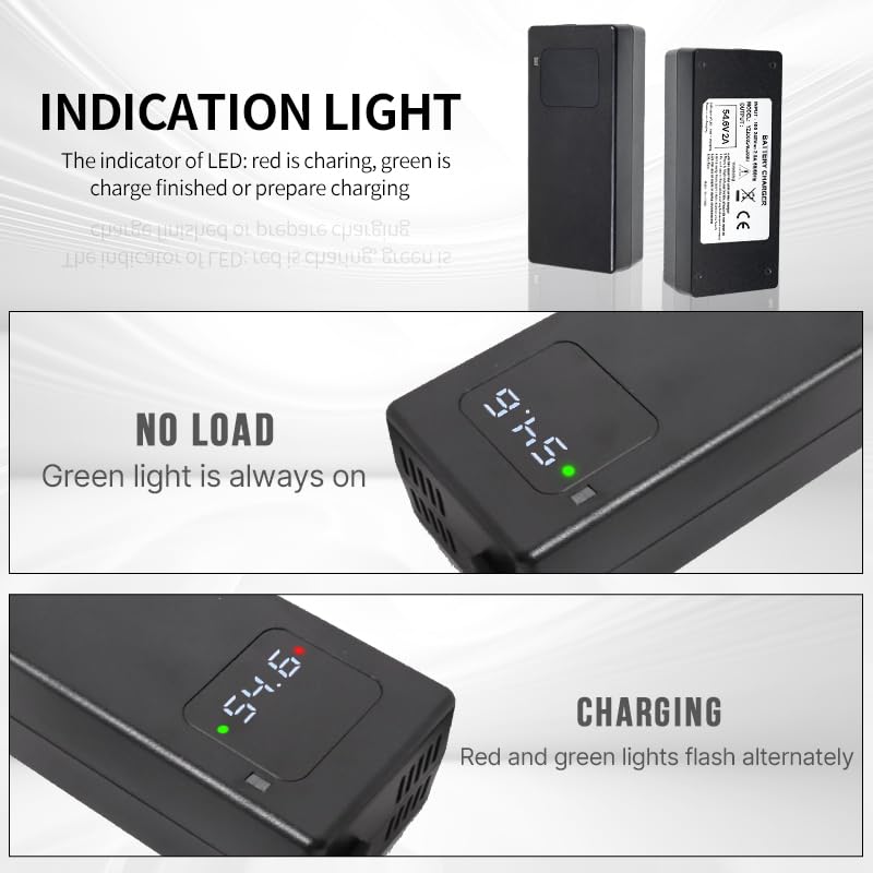 54.6V 2A Battery Charger for 48v Li-ion Battery Pack, 3-Pin Male XLR Connector, Equipped with HD Display to Show The Current Voltage, Multiple Security Protection and Smart Shut-Off Charging