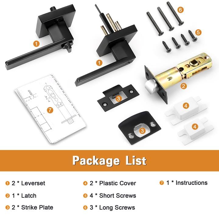Probrico 2 Pack| Square Privacy Door Levers Matte Black Bed Bath Door Handles, Keyless Interior Door Lockset Heavy Duty Leversets for Left or Right Handed Doors