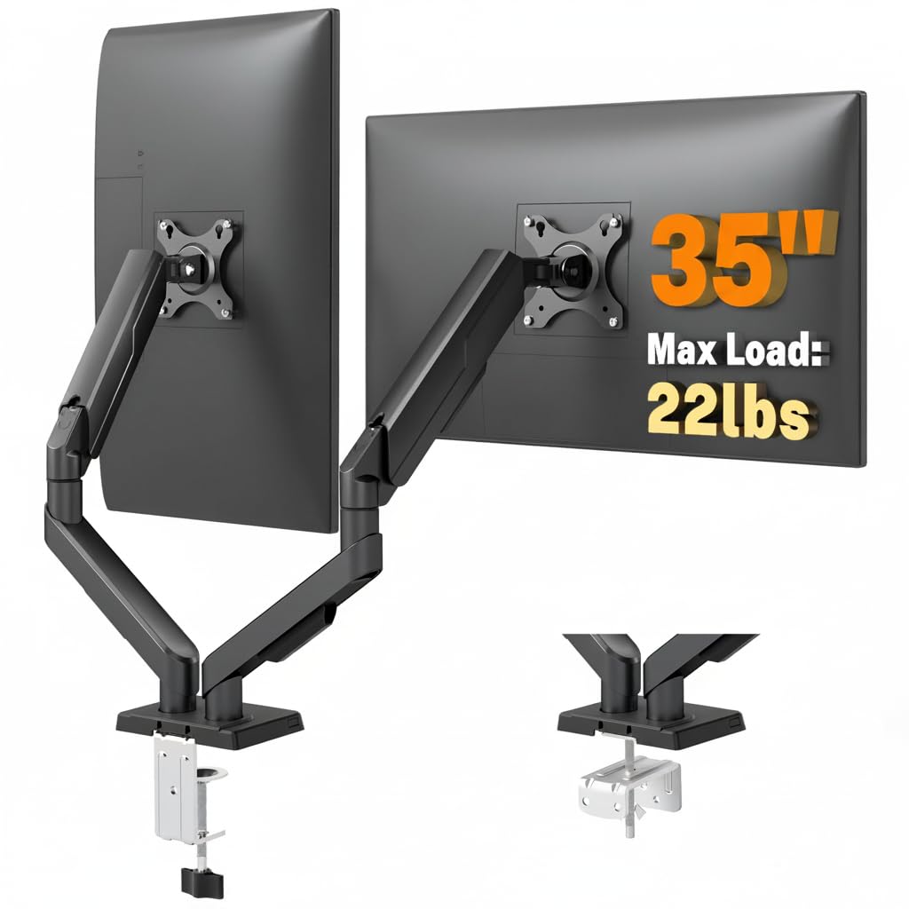 Dual Monitor Stand - Adjustable Dual Arm Mount for 17-35 Inch Screens, Ergonomic VESA Mount with C Clamp/Grommet Base, Each Arm Holds up to 22lbs, Black