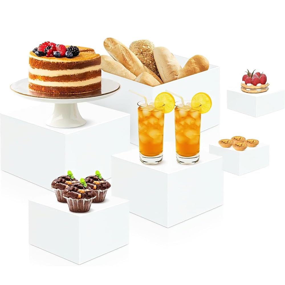 6 Pcs Buffet Risers White Acrylic Display Stands Cube Boxes with Hollow Bottoms Decorative Stand 6 Sizes for Jewelry Candy Table Decor Box Food Riser Party Case Cake Tables