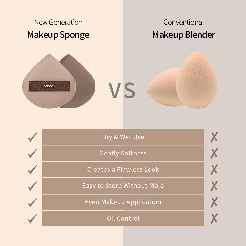 Solone 5 Pcs Cushion Makeup Sponge Puff - Latex-Free Rubycell with Travel Case for Foundation, Concealer, and Powder; Beginner-friendly, Soft Blending Sponge Set (Brown)