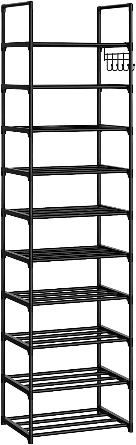 VTRIN 10 Tiers Narrow Shoe Rack 20-25 Pairs Shoe and Boots Organizer Storage Sturdy Shoe Shelf, Metal Shoe Rack for Entryway, Bedroom, 17 x 12 x 79 Inches, Black Vertical Stackable with 5 Hooks
