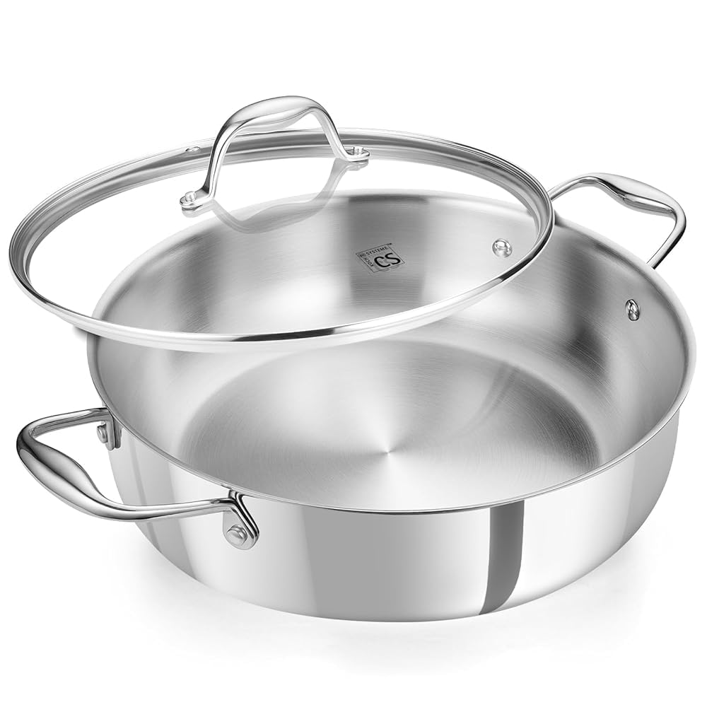 KOCH SYSTEME CS Tri-Ply Stainless Steel Saute Pan, 18/10 Stainless Steel Deep Frying Pan with Lid, Large Skillet with Double Handles, Induction Compatible, Oven Safe, Non Toxic, 6 Quart/12 Inch