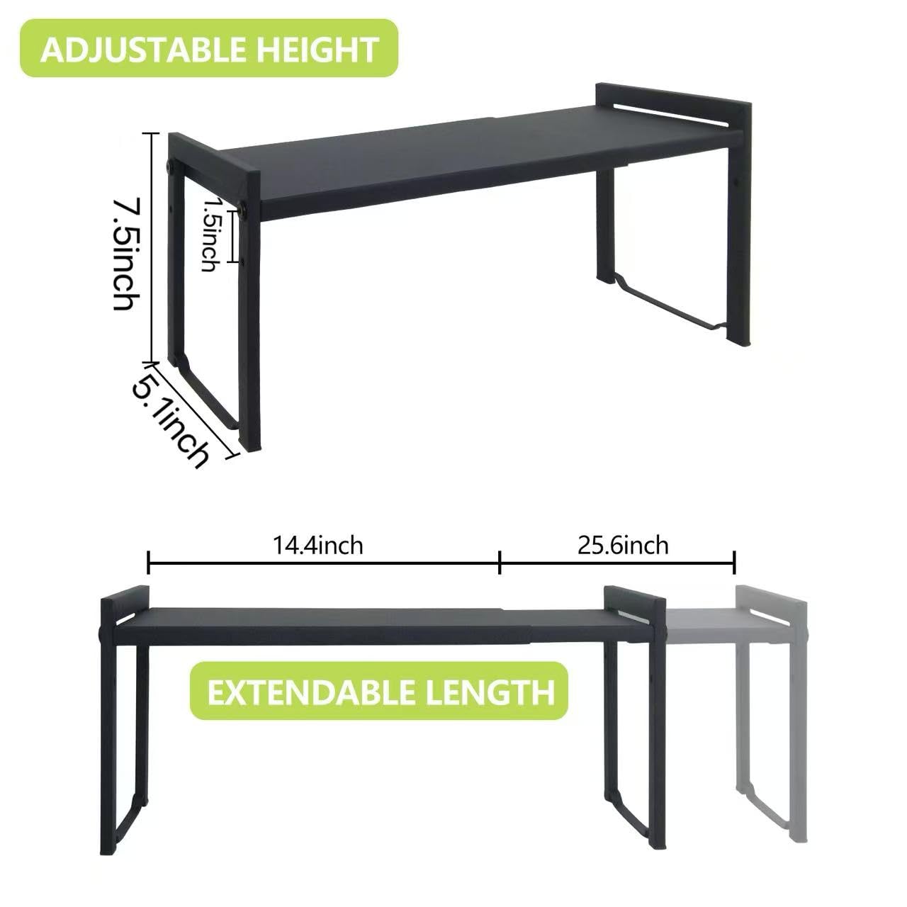 Expandable Cabinet Shelf 13.8-26"(L), Stackable Kitchen Counter, Kitchen Spice Rack Pantry, Djustable Cupboard Organizer Storage Rack for Office (Black,2pack S)
