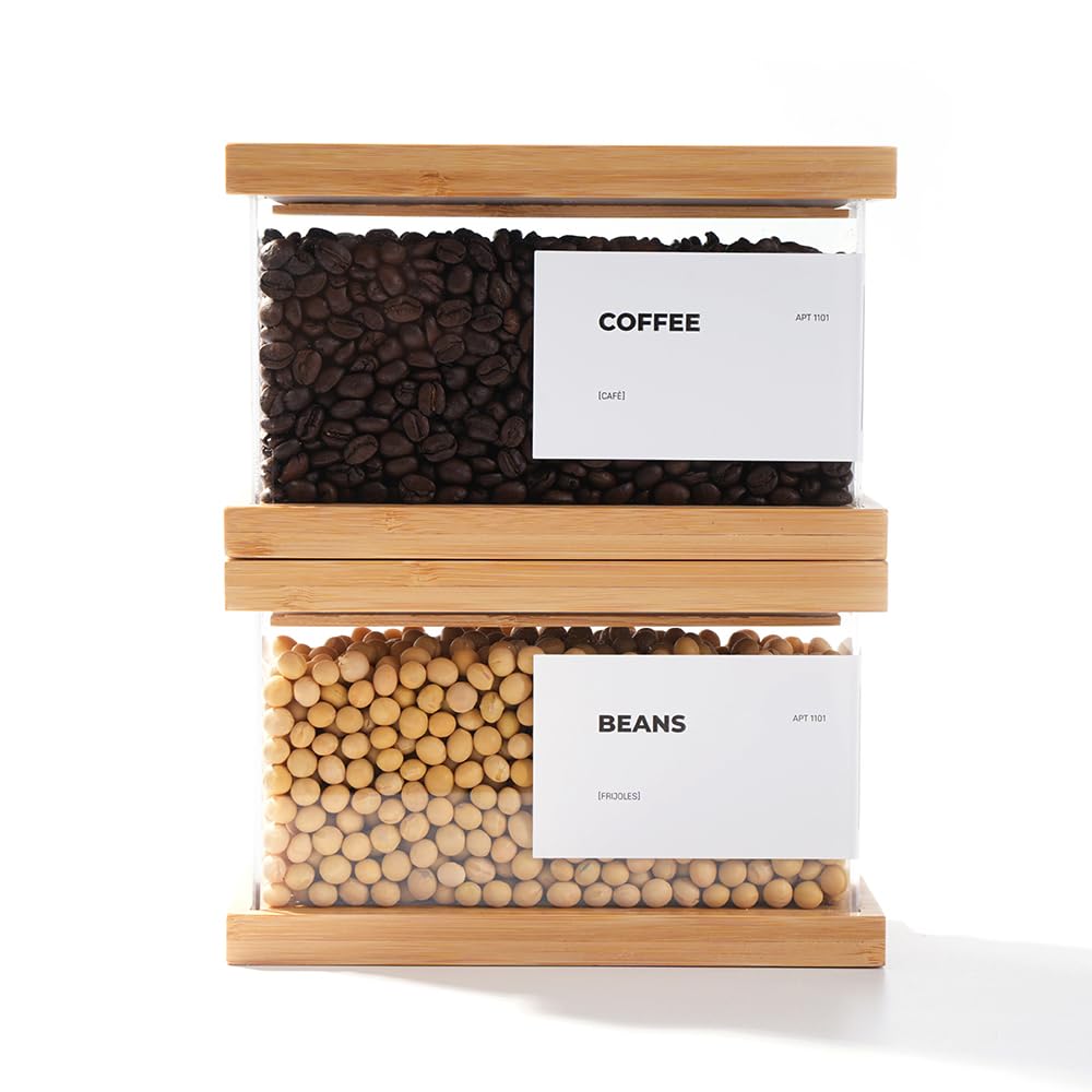 APT 1101 Bamboo Food Dispenser | Modern Rustic Kitchen Organizer | Airtight Rectangular Cereal, Rice, Snack Storage (2 Pack, Medium Size)