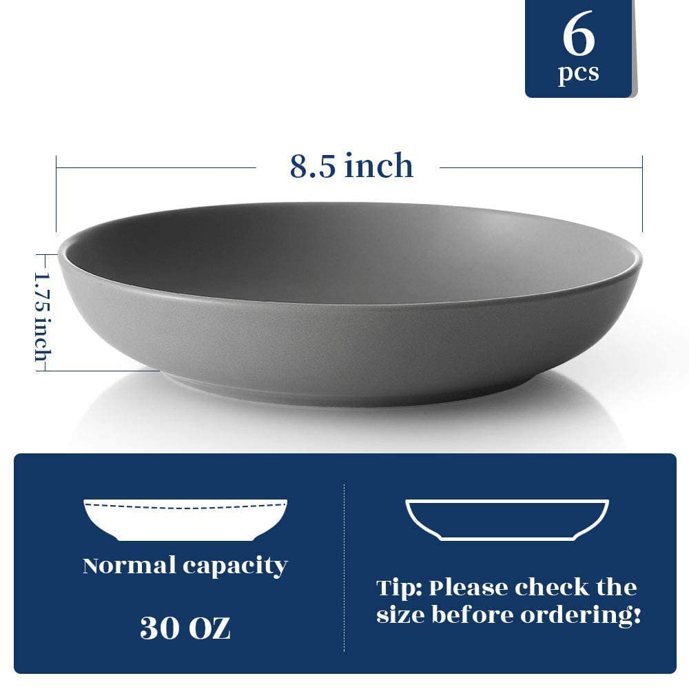 Y YHY Pasta Bowls 30oz, Large Salad Serving Bowls, Porcelain Soup Bowls, Grey Pasta Plates Set of 6, Wide and Flat, Microwave Dishwasher Safe, Grey Matte