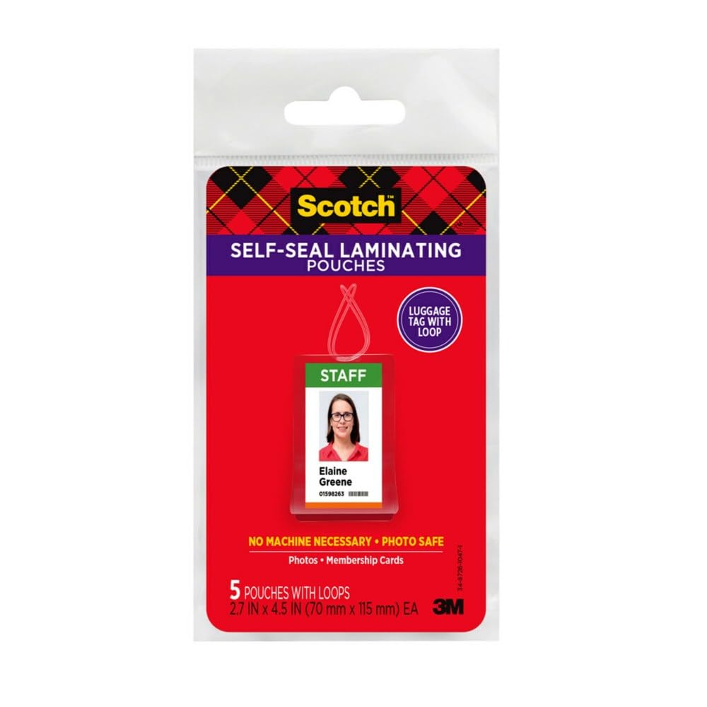 Scotch Self-Sealing Laminating Pouches, Bag Tags with Loops, Glossy, 5 Pouches, 6 Pack (LS853-5G)