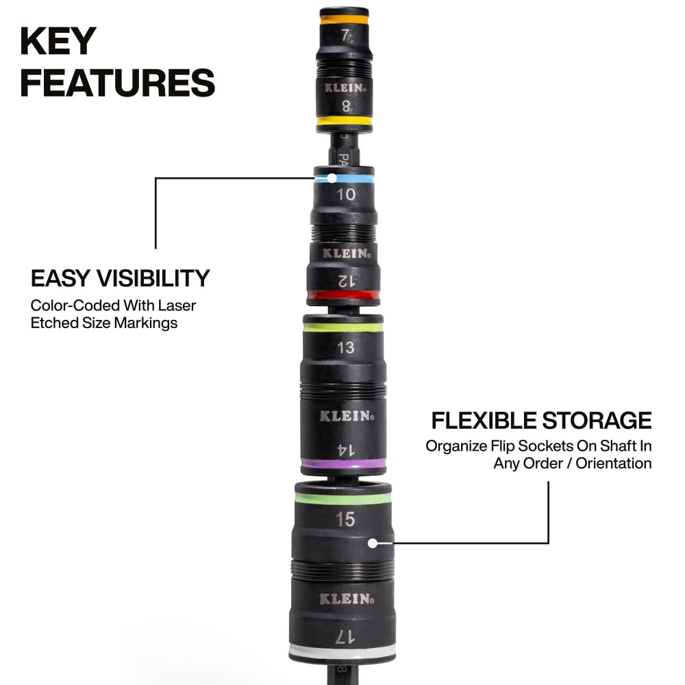 Klein Tools 32934M Impact Driver, 8-in-1 Metric Multi-Bit Socket Set, Impact-Rated with 4 Flip Sockets, 8 Hex Driver Sizes
