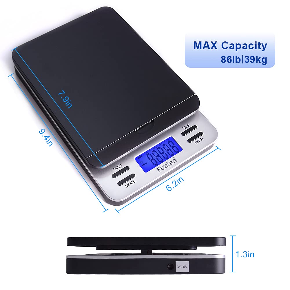 Fuzion Shipping Scale, Accurate Digital Postal Scale 86 lb/0.1 oz with Hold and Tare Function, LCD Display, Auto-Off, Postage Scale for Packages and Mailing, Battery and AC Adapter Included