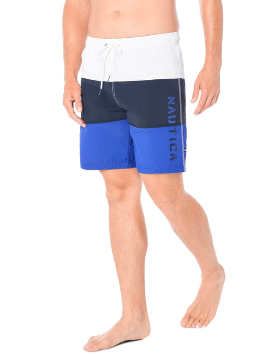 Nautica Men's Standard Quick Dry Classic Logo Tri-Block Series Swim Trunk, Bright Cobalt, Large