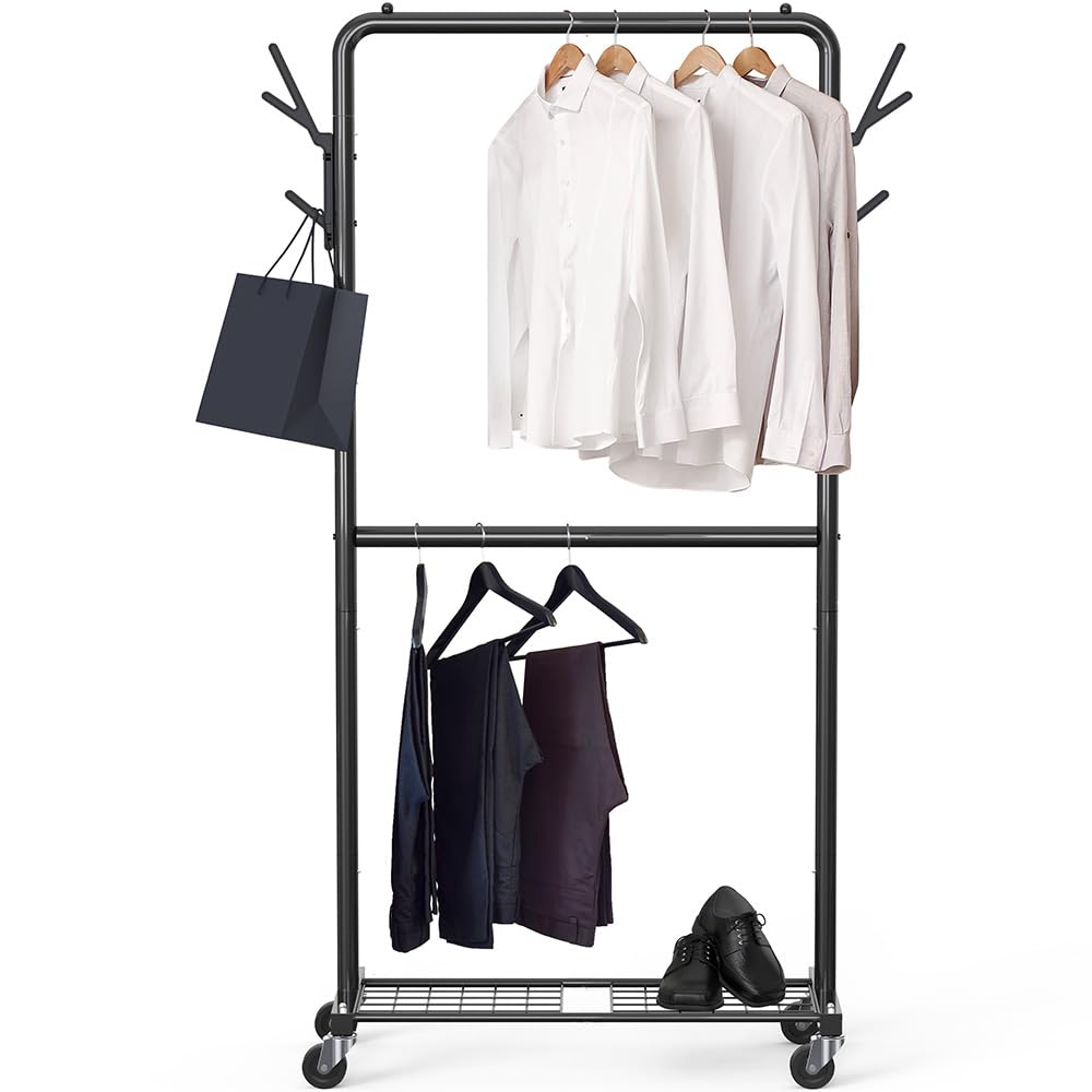 Simple Houseware Double Rod Clothes Rack with Wheels, Hooks & Shelves, Heavy-Duty Metal Garment Rack Organizer, Black