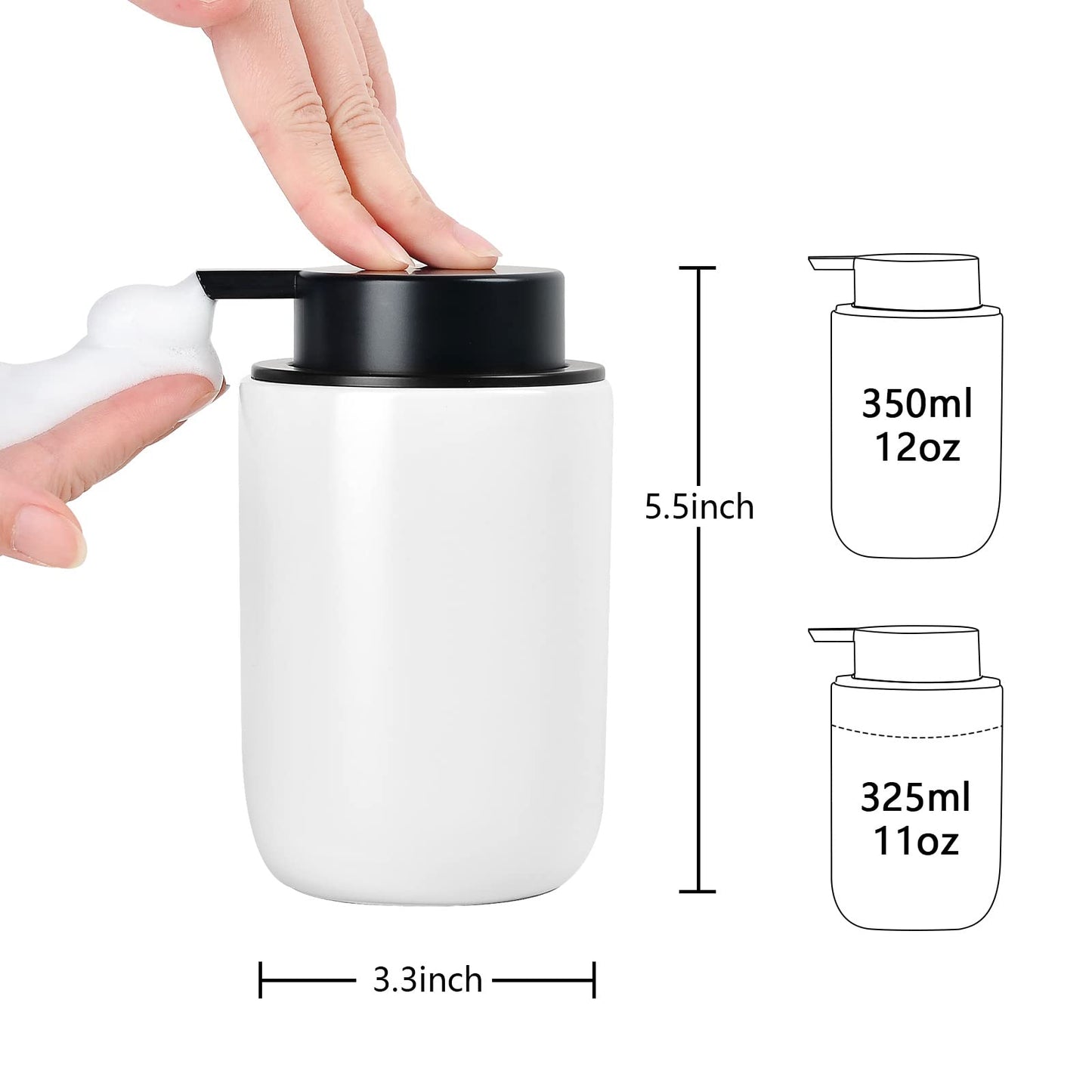 BosilunLife Soap Dispenser Set - Ceramic Hand Soap Dispenser 12oz Set with Rust Proof Pump, 4Pcs Clear Stickers for Kitchen, Bathroom - 2 Pack