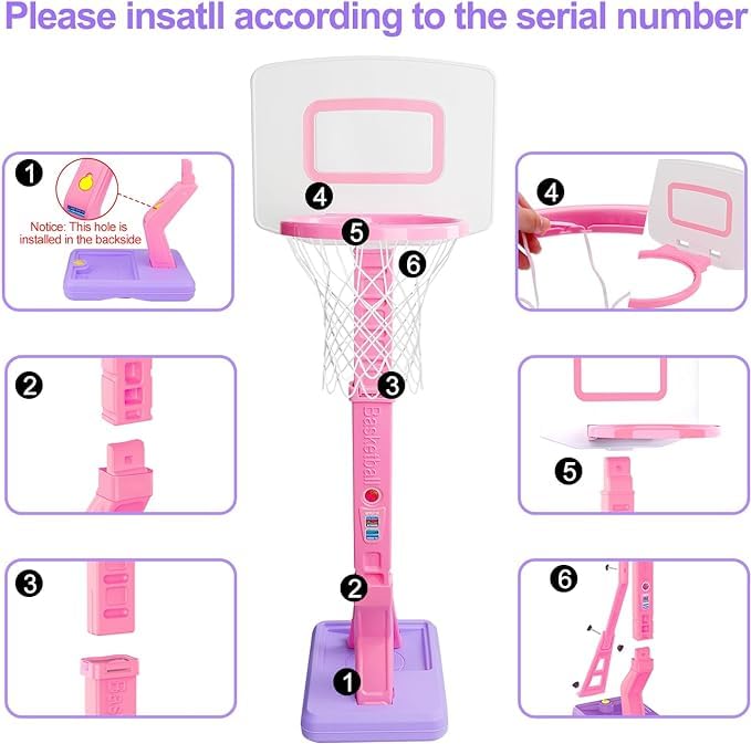 Basketball Hoop Indoor for Toddler, Adjustable Portable Basketball Hoop Set, Poolside Outdoor Backyard Outside Basketball Game Toy for Kids Age 3 4 5 6 7 8 (Pink Hoop)