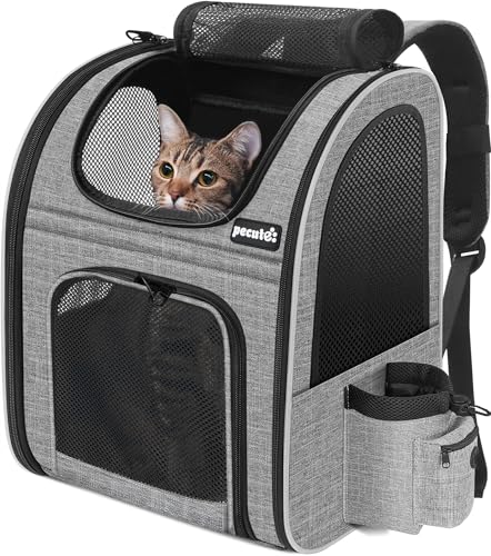 Pecute Cat Backpack with Breathable Mesh, Dog Backpack Carrier with Multi-Pockets for Cats Puppies, Pet Backpack Carrier for Travel Hiking Camping Outdoor （Gray）