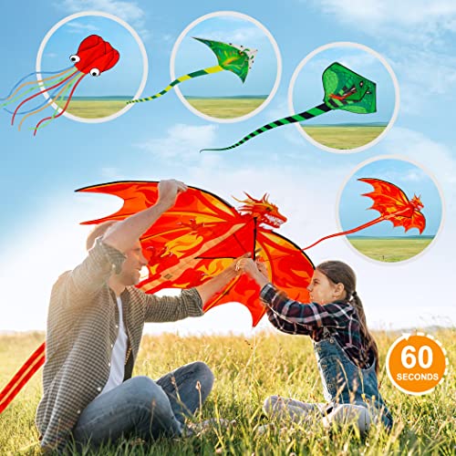 4 Pack Kites - Large Fire Dragon Kite Green Snake Devil Fish Red Mollusc Octopus with Long Colorful Tail for Kids Adults Outdoor Game Activities