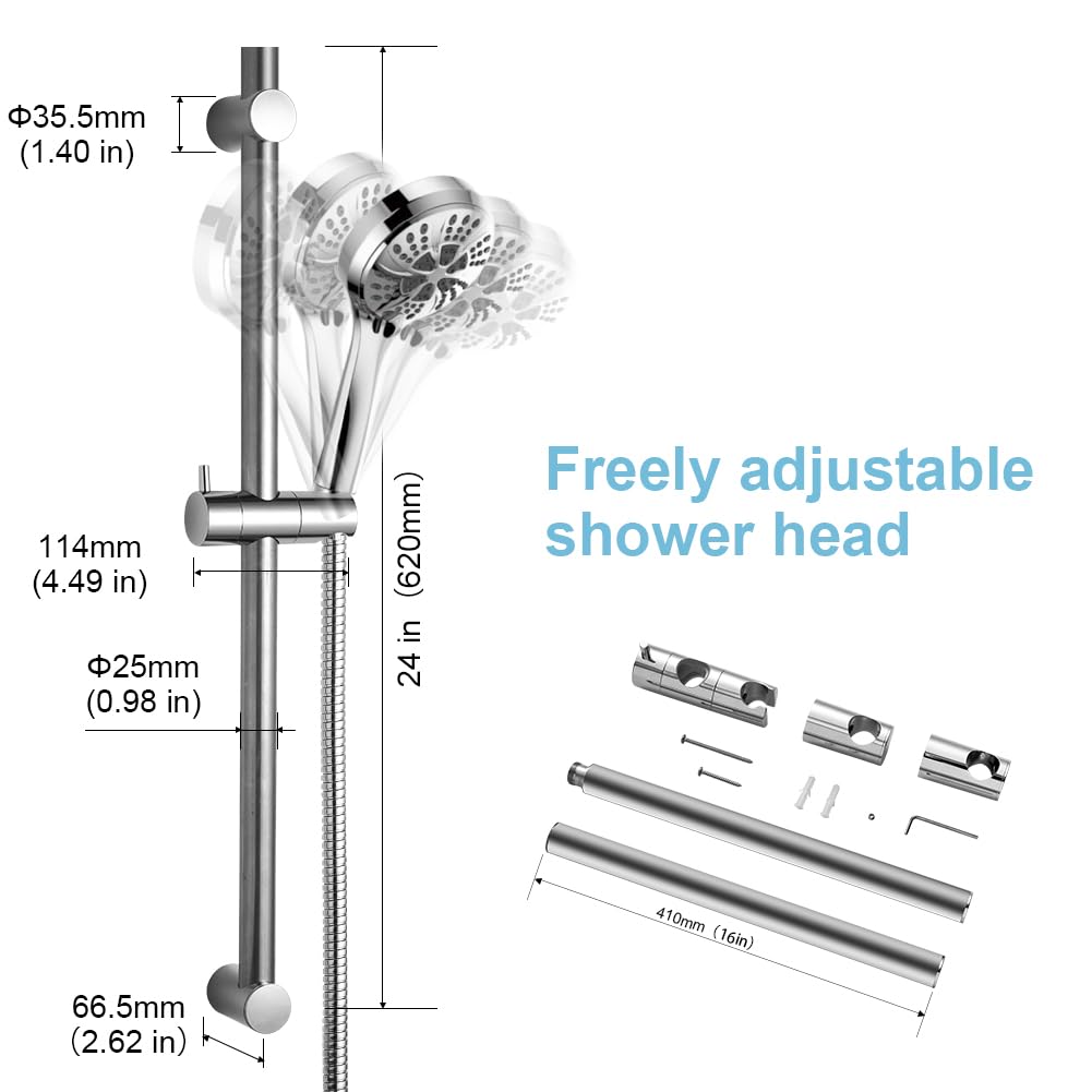 OFFO Shower Slide Bar 620mm(24 in) Adjustable Installation Distance 18-24 in with 360° Adjustable Handheld Shower Head Holder for Bathroom, Screw Wall Mounted, Chrome