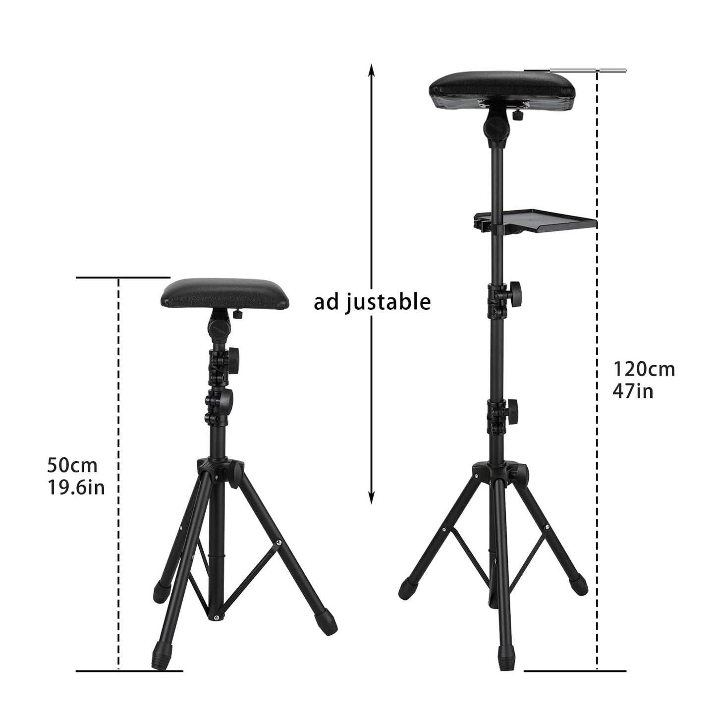 BONTOP Tattoo Arm Rest Stand with Tray, PU Leather Sponge Covers 50PCS, Waterproof, Square, Foldable, Sponge Pad, Tripod, Adjustable Height and Tilt, Arm Bar Pad