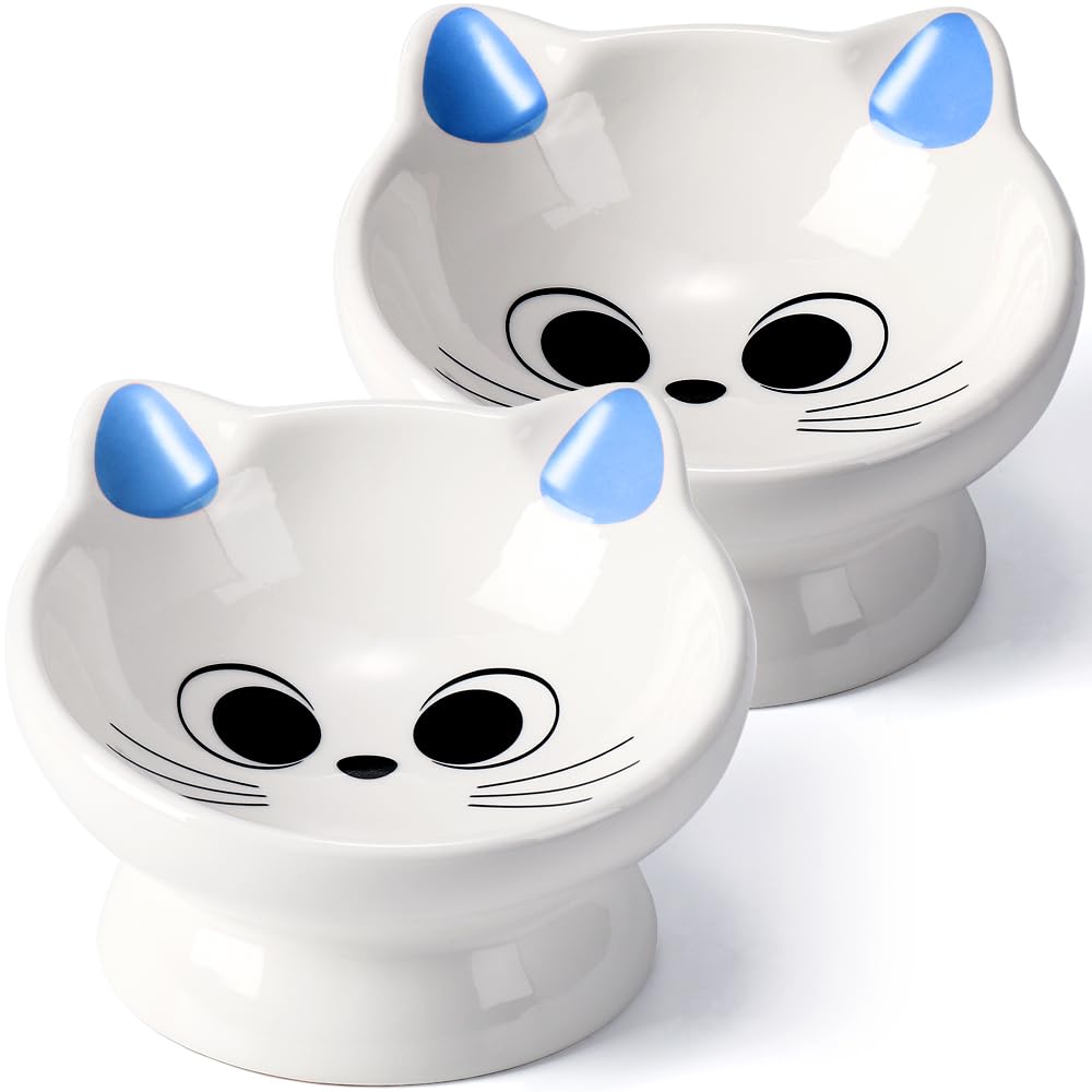 2Pcs Raised Cat Food Bowl Ceramic 15° Tilted Food Bowls Protect Cat's Spine Anti Vomiting Backflow Prevention Cat Bowls for Adult Kitten, and Small Dogs, Blue