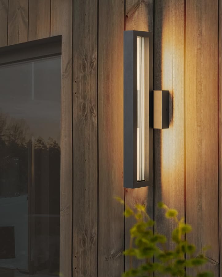 OUPAVOCS Outdoor Light Fixture LED, Black Porch Lights Wall Mount, Modern Outdoor Wall Lights, 18W Exterior LED Wall Sconce with Ribbed Glass, Waterproof Patio Light Fixture for House, Garage