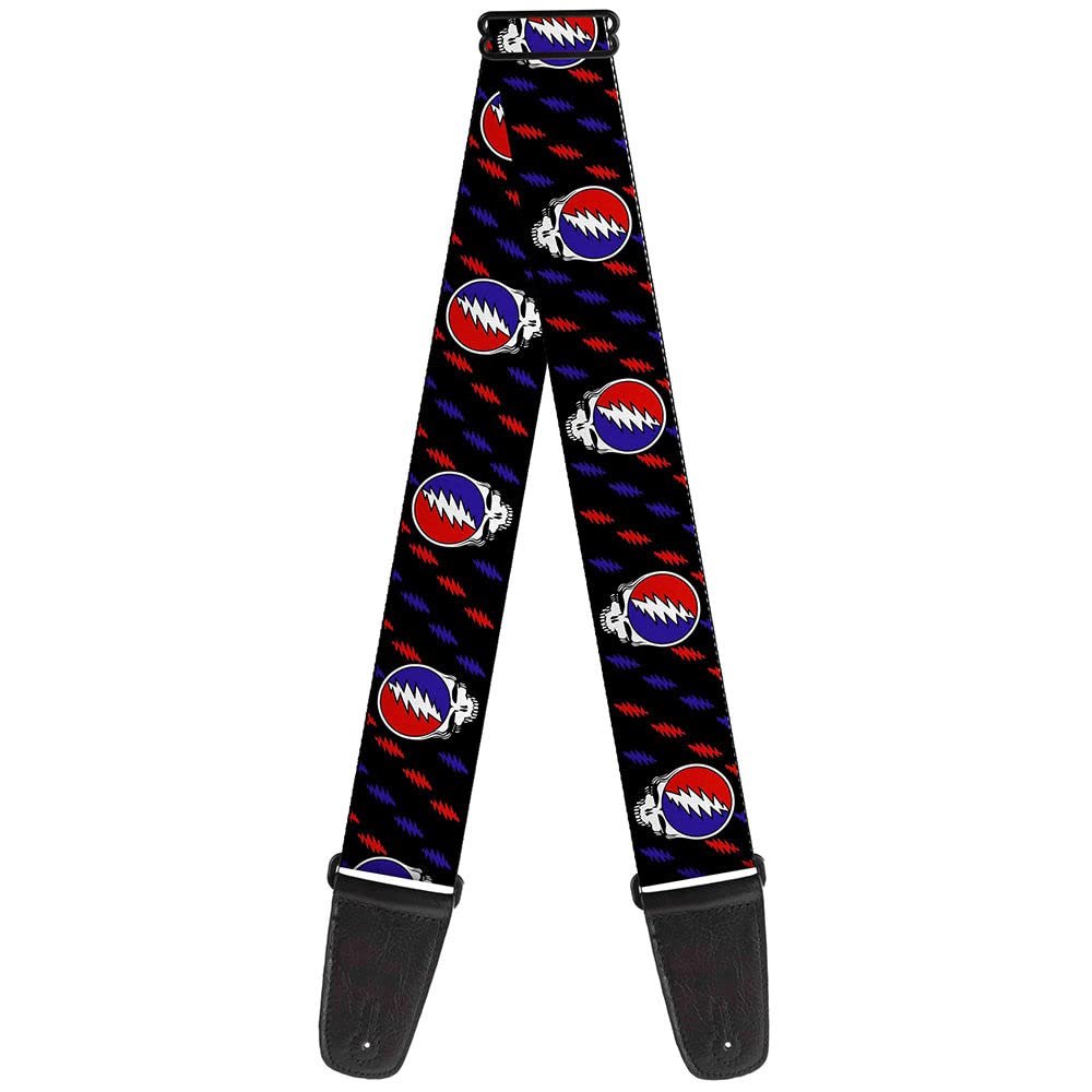 Grateful Dead Guitar Strap, Steal Your Face Mini Lightning Bolt Black Red White Blue, 2 Inches Wide