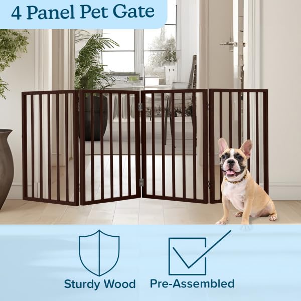 Wooden Pet Gate- Foldable 4-Panel Indoor Barrier Fence, Freestanding & Lightweight Design for Dogs, Puppies, Pets- 72 x24” (Brown Stain)