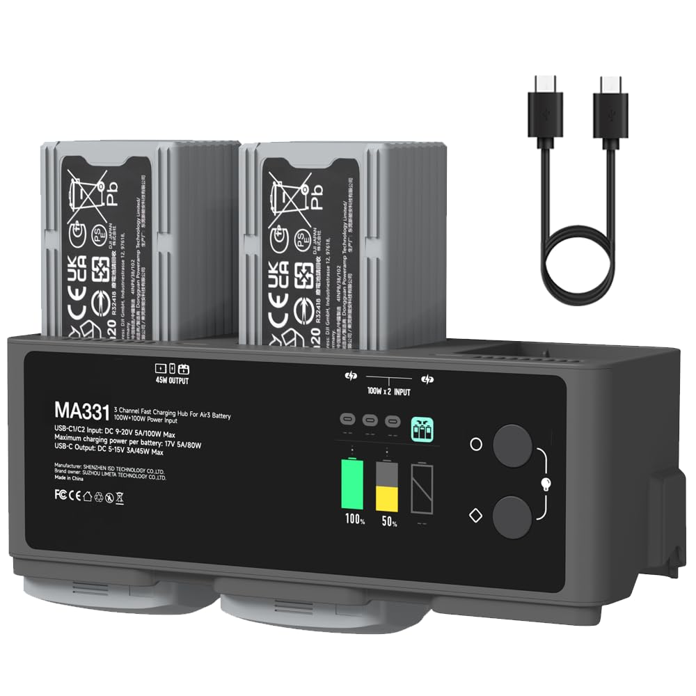 ISDT MA331 Air 3/3S Charging Hub,200W 3 Channel Smart Battery Charger for DJI Air 3/3S Series,RC Charger with APP Connection/LCD Display and Discharge Function Not Include Battery