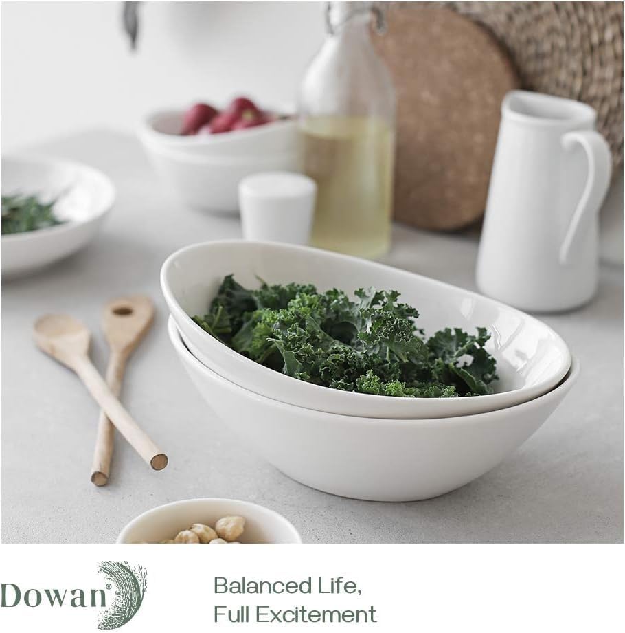 DOWAN 9" Porcelain Serving Bowls, Large Serving Dishes, 36 Ounce for Salads, Side Dishes, Pasta, Oval Shape, Microwave & Dishwasher Safe, Good Size for Dinner Parties, Set of 4, White