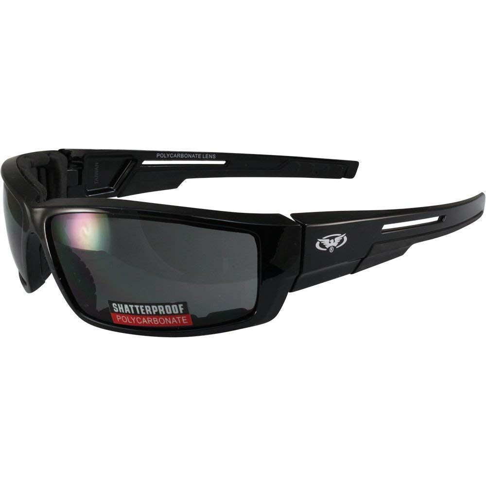 Global Vision 2 Pair of Sly Padded Motorcycle Sunglasses Gloss Black Frames with Smoke and Yellow Lenses