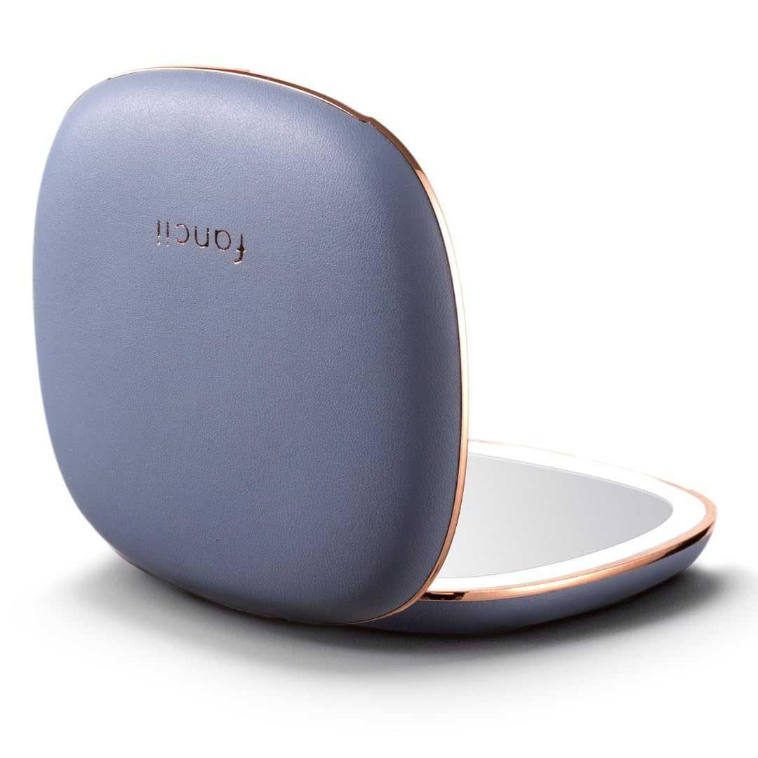 Fancii Mila 2 LED Lighted Compact Makeup Mirror, Rechargeable, 10x /1x Magnifying, Tru-Glow Light System, Vegan Leather, Small Travel Mirror for Purses (Harbor Blue)