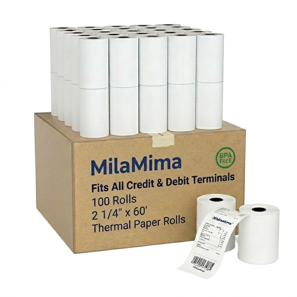 MilaMima 100 Rolls 2 1/4" x 60' Thermal Paper 20% Longer POS Cash Register Receipt Rolls Fits Credit Debit Card Machine Verifone Ingenico Square Clover Moneris TD Elavon 40mm Diameter 2.25 x 60 ft